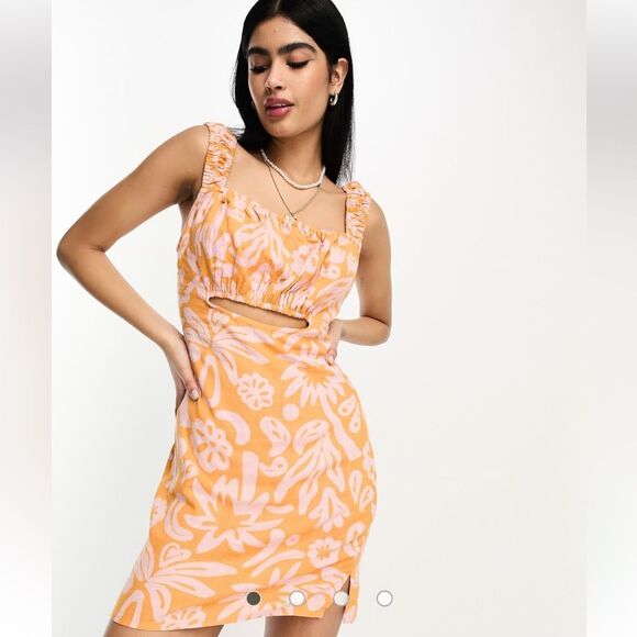ASOS DESIGN Mini Sundress Size 2 New ruched bust cut out detail tropical print - Picture 1 of 7